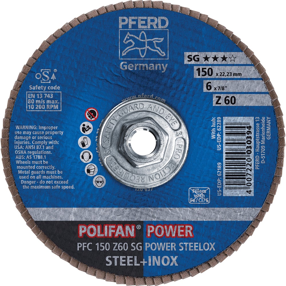 PFERD - Flap Discs; Abrasive Type: Coated ; Flap Disc Type: Type 29 ; Disc Diameter (Inch): 6 ; Abrasive Material: Zirconia Alumina ; Grit: 60 ; Attaching System: Threaded Hole - Exact Tooling