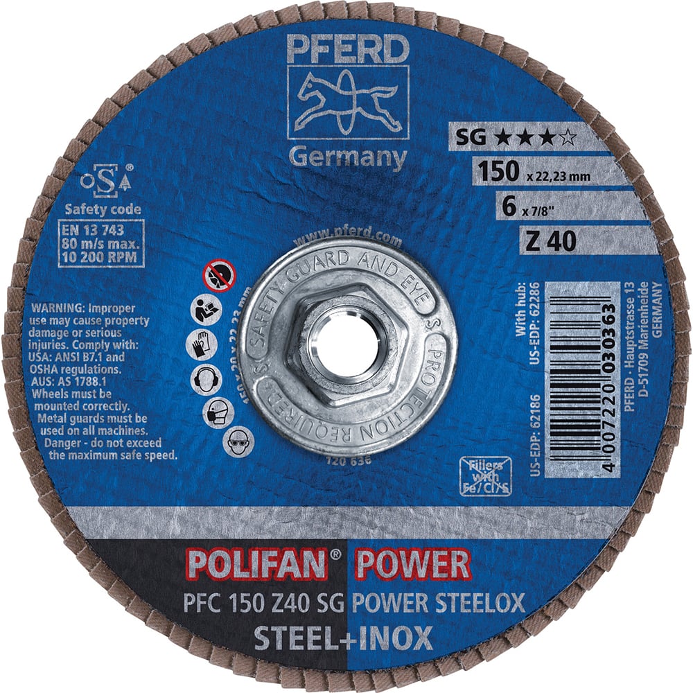 PFERD - Flap Discs; Abrasive Type: Coated ; Flap Disc Type: Type 29 ; Disc Diameter (Inch): 6 ; Abrasive Material: Zirconia Alumina ; Grit: 40 ; Attaching System: Threaded Hole - Exact Tooling