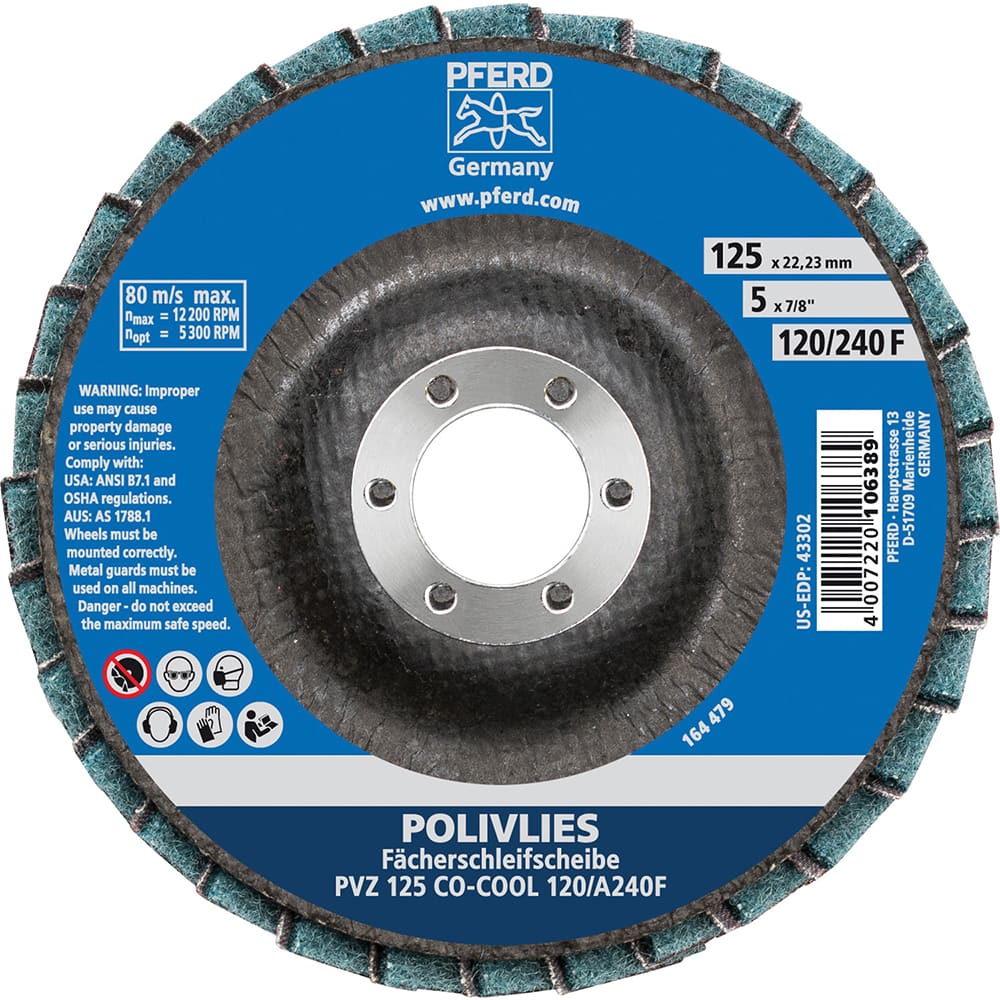 PFERD - Flap Discs; Abrasive Type: Coated & Non-Woven Combo ; Flap Disc Type: Compact ; Disc Diameter (Inch): 5 ; Abrasive Material: Ceramic Oxide ; Grit: 120 ; Attaching System: Arbor - Exact Tooling