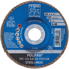 PFERD - Flap Discs; Abrasive Type: Coated ; Flap Disc Type: Type 29 ; Disc Diameter (Inch): 5 ; Abrasive Material: Aluminum Oxide ; Grit: 40 ; Attaching System: Arbor - Exact Tooling
