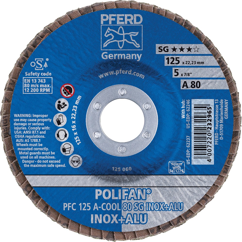 PFERD - Flap Discs; Abrasive Type: Coated ; Flap Disc Type: Type 29 ; Disc Diameter (Inch): 5 ; Abrasive Material: Aluminum Oxide ; Grit: 80 ; Attaching System: Arbor - Exact Tooling