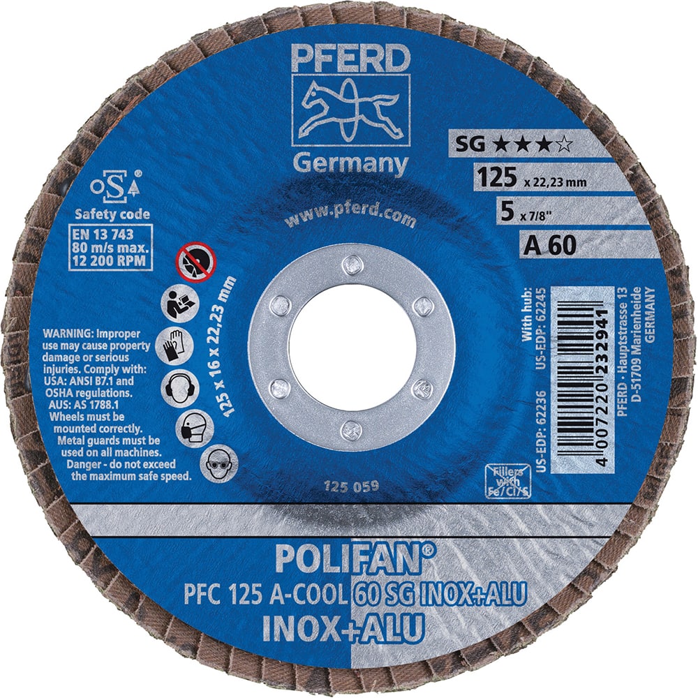 PFERD - Flap Discs; Abrasive Type: Coated ; Flap Disc Type: Type 29 ; Disc Diameter (Inch): 5 ; Abrasive Material: Aluminum Oxide ; Grit: 60 ; Attaching System: Arbor - Exact Tooling