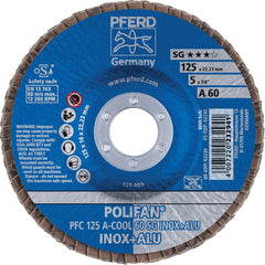 PFERD - Flap Discs; Abrasive Type: Coated ; Flap Disc Type: Type 29 ; Disc Diameter (Inch): 5 ; Abrasive Material: Aluminum Oxide ; Grit: 60 ; Attaching System: Arbor - Exact Tooling