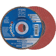 PFERD - Flap Discs; Abrasive Type: Coated ; Flap Disc Type: Type 27 ; Disc Diameter (Inch): 5 ; Abrasive Material: Aluminum Oxide ; Grit: 60 ; Attaching System: Arbor - Exact Tooling
