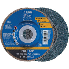 PFERD - Flap Discs; Abrasive Type: Coated ; Flap Disc Type: Type 27 ; Disc Diameter (Inch): 5 ; Abrasive Material: Zirconia Alumina ; Grit: 80 ; Attaching System: Arbor - Exact Tooling