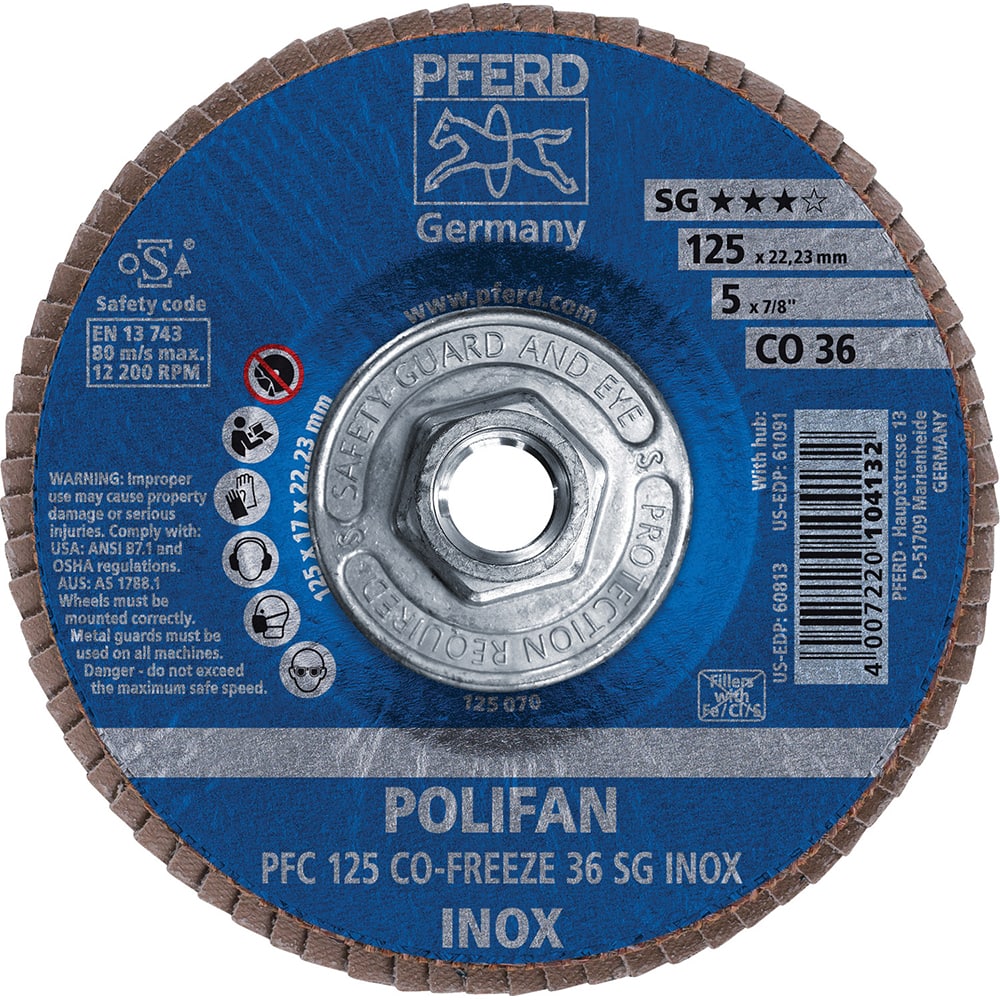 PFERD - Flap Discs; Abrasive Type: Coated ; Flap Disc Type: Type 29 ; Disc Diameter (Inch): 5 ; Abrasive Material: Ceramic Oxide ; Grit: 36 ; Attaching System: Threaded Hole - Exact Tooling