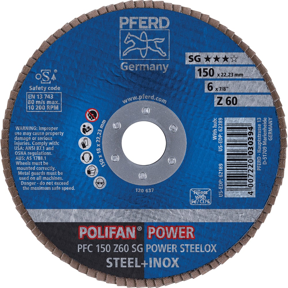 PFERD - Flap Discs; Abrasive Type: Coated ; Flap Disc Type: Type 29 ; Disc Diameter (Inch): 6 ; Abrasive Material: Zirconia Alumina ; Grit: 60 ; Attaching System: Arbor - Exact Tooling