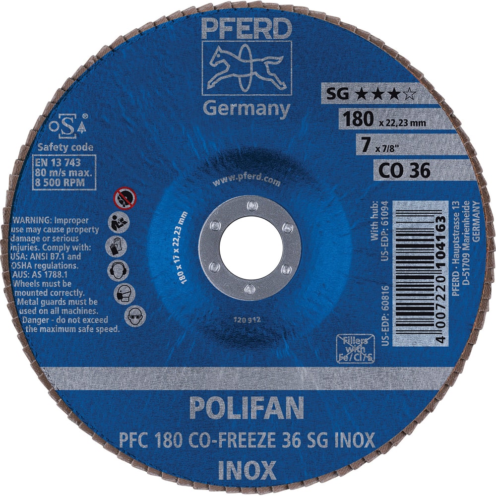 PFERD - Flap Discs; Abrasive Type: Coated ; Flap Disc Type: Type 29 ; Disc Diameter (Inch): 7 ; Abrasive Material: Ceramic Oxide ; Grit: 36 ; Attaching System: Arbor - Exact Tooling