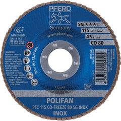 PFERD - Flap Discs; Abrasive Type: Coated ; Flap Disc Type: Type 29 ; Disc Diameter (Inch): 4-1/2 ; Abrasive Material: Ceramic Oxide ; Grit: 80 ; Attaching System: Arbor - Exact Tooling