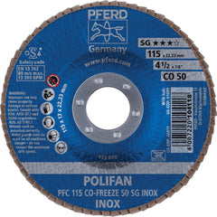 PFERD - Flap Discs; Abrasive Type: Coated ; Flap Disc Type: Type 29 ; Disc Diameter (Inch): 4-1/2 ; Abrasive Material: Ceramic Oxide ; Grit: 50 ; Attaching System: Arbor - Exact Tooling