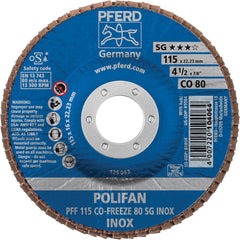 PFERD - Flap Discs; Abrasive Type: Coated ; Flap Disc Type: Type 27 ; Disc Diameter (Inch): 4-1/2 ; Abrasive Material: Ceramic Oxide ; Grit: 80 ; Attaching System: Arbor - Exact Tooling
