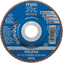 PFERD - Flap Discs; Abrasive Type: Coated ; Flap Disc Type: Type 27 ; Disc Diameter (Inch): 4-1/2 ; Abrasive Material: Ceramic Oxide ; Grit: 50 ; Attaching System: Arbor - Exact Tooling