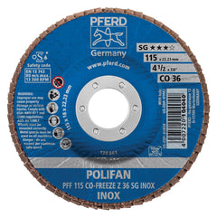 PFERD - Flap Discs; Abrasive Type: Coated ; Flap Disc Type: Type 27 ; Disc Diameter (Inch): 4-1/2 ; Abrasive Material: Ceramic Oxide ; Grit: 36 ; Attaching System: Arbor - Exact Tooling