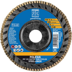 PFERD - Flap Discs; Abrasive Type: Coated ; Flap Disc Type: Type 27 ; Disc Diameter (Inch): 5 ; Abrasive Material: Zirconia Alumina ; Grit: 40 ; Attaching System: Arbor - Exact Tooling