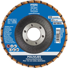 PFERD - Flap Discs; Abrasive Type: Coated ; Flap Disc Type: Compact ; Disc Diameter (Inch): 4-1/2 ; Abrasive Material: Ceramic Oxide ; Grit: 60 ; Attaching System: Arbor - Exact Tooling