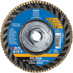 PFERD - Flap Discs; Abrasive Type: Coated ; Flap Disc Type: Type 27 ; Disc Diameter (Inch): 4-1/2 ; Abrasive Material: Zirconia Alumina ; Grit: 80 ; Attaching System: Threaded Hole - Exact Tooling