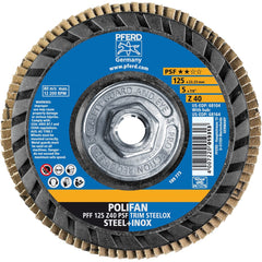 PFERD - Flap Discs; Abrasive Type: Coated ; Flap Disc Type: Type 27 ; Disc Diameter (Inch): 5 ; Abrasive Material: Zirconia Alumina ; Grit: 40 ; Attaching System: Threaded Hole - Exact Tooling