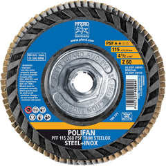 PFERD - Flap Discs; Abrasive Type: Coated ; Flap Disc Type: Type 27 ; Disc Diameter (Inch): 4-1/2 ; Abrasive Material: Zirconia Alumina ; Grit: 60 ; Attaching System: Threaded Hole - Exact Tooling