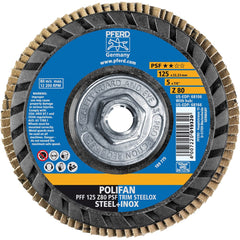PFERD - Flap Discs; Abrasive Type: Coated ; Flap Disc Type: Type 27 ; Disc Diameter (Inch): 5 ; Abrasive Material: Zirconia Alumina ; Grit: 80 ; Attaching System: Threaded Hole - Exact Tooling