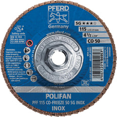 PFERD - Flap Discs; Abrasive Type: Coated ; Flap Disc Type: Type 27 ; Disc Diameter (Inch): 4-1/2 ; Abrasive Material: Ceramic Oxide ; Grit: 50 ; Attaching System: Threaded Hole - Exact Tooling