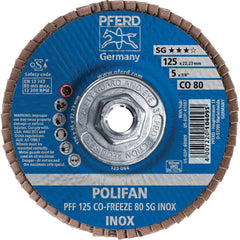 PFERD - Flap Discs; Abrasive Type: Coated ; Flap Disc Type: Type 27 ; Disc Diameter (Inch): 5 ; Abrasive Material: Ceramic Oxide ; Grit: 80 ; Attaching System: Threaded Hole - Exact Tooling