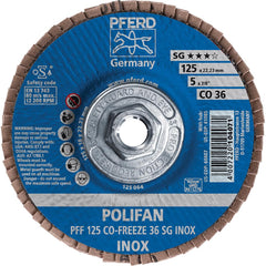 PFERD - Flap Discs; Abrasive Type: Coated ; Flap Disc Type: Type 27 ; Disc Diameter (Inch): 5 ; Abrasive Material: Ceramic Oxide ; Grit: 36 ; Attaching System: Threaded Hole - Exact Tooling