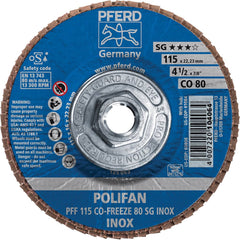 PFERD - Flap Discs; Abrasive Type: Coated ; Flap Disc Type: Type 27 ; Disc Diameter (Inch): 4-1/2 ; Abrasive Material: Ceramic Oxide ; Grit: 80 ; Attaching System: Threaded Hole - Exact Tooling