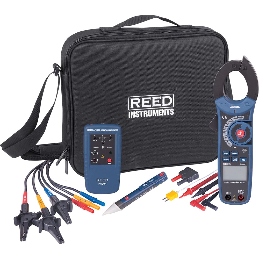 REED Instruments - Electrical Test Equipment Combination Kits; Kit Type: Clamp Meter Test Kit ; Maximum Voltage: 1000 VDC ; Number of Pieces: 7 ; Maximum AC Amperage: 1000 ; Maximum DC Amperage: 1000 ; Resistance (Ohms): 500 - Exact Tooling