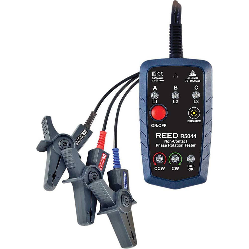REED Instruments - Phase Rotation Testers; Number of Phases: 3 ; Maximum Voltage: 1000V AC ; Minimum Voltage: 75 VAC ; Maximum Frequency (Hz): 65 ; Minimum Frequency (Hz): 45 ; Display Type: LED - Exact Tooling