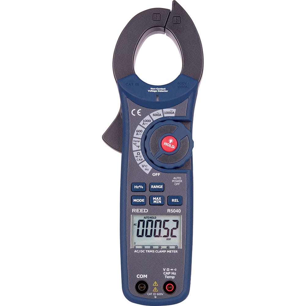 REED Instruments - Clamp Meters; Clamp Meter Type: Auto Ranging ; Measures: Capacitance; Continuity; Current; Diode Test; Duty Cycle; Frequency; Resistance; Temperature; Voltage ; Jaw Style: Clamp On ; Jaw Capacity (Decimal Inch): 1.5000 ; CAT Rating: CA - Exact Tooling