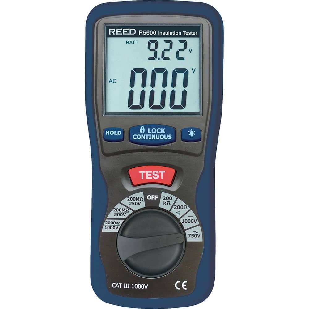 REED Instruments - Electrical Insulation Resistance Testers & Megohmmeters; Display Type: Digital LCD ; Power Supply: (6) AAA Batteries ; Resistance Capacity (Megohm): 2000 ; Maximum Test Voltage: 1000 V ; Category Rating: CAT III @ 1000 V ; Accuracy ? ( - Exact Tooling