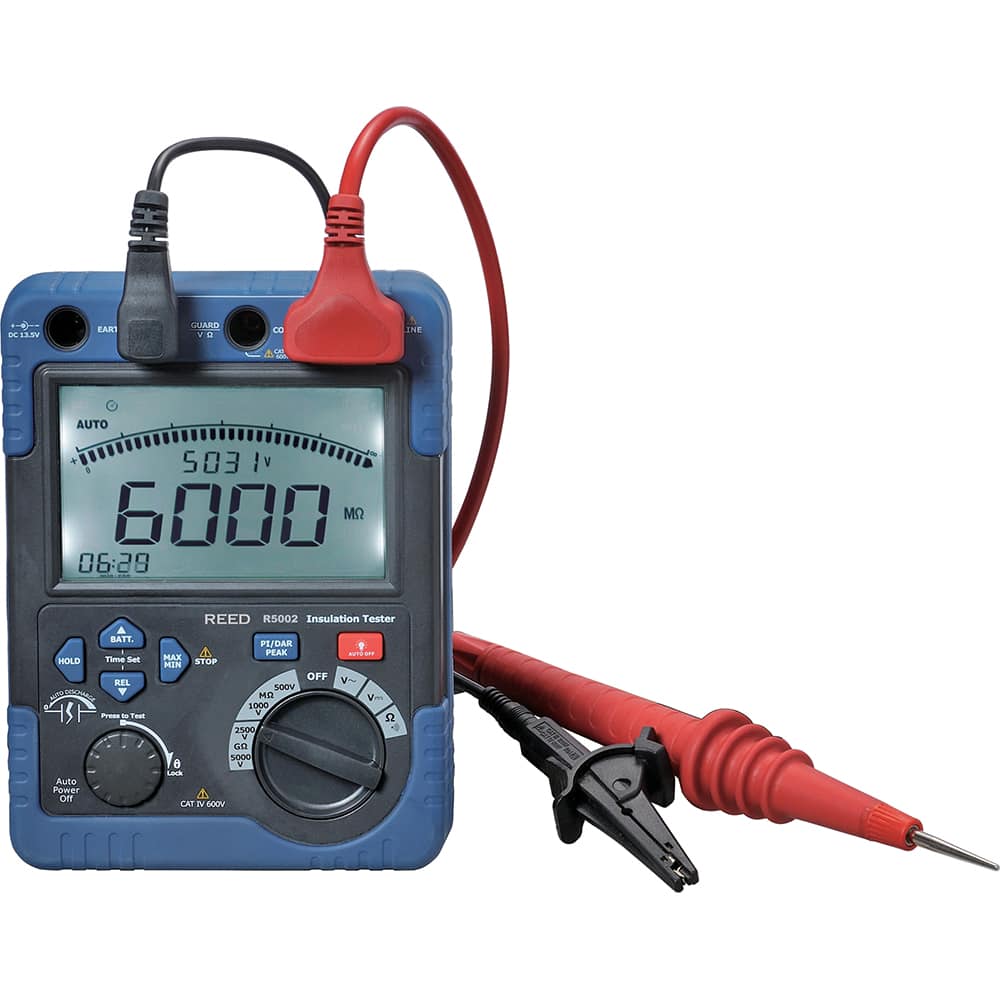 REED Instruments - Electrical Insulation Resistance Testers & Megohmmeters; Display Type: Digital LCD ; Power Supply: (8) C Batteries; AC Adapter ; Resistance Capacity (Megohm): 600 ; Maximum Test Voltage: 600 V ; Category Rating: CAT IV @ 600 V ; Accura - Exact Tooling