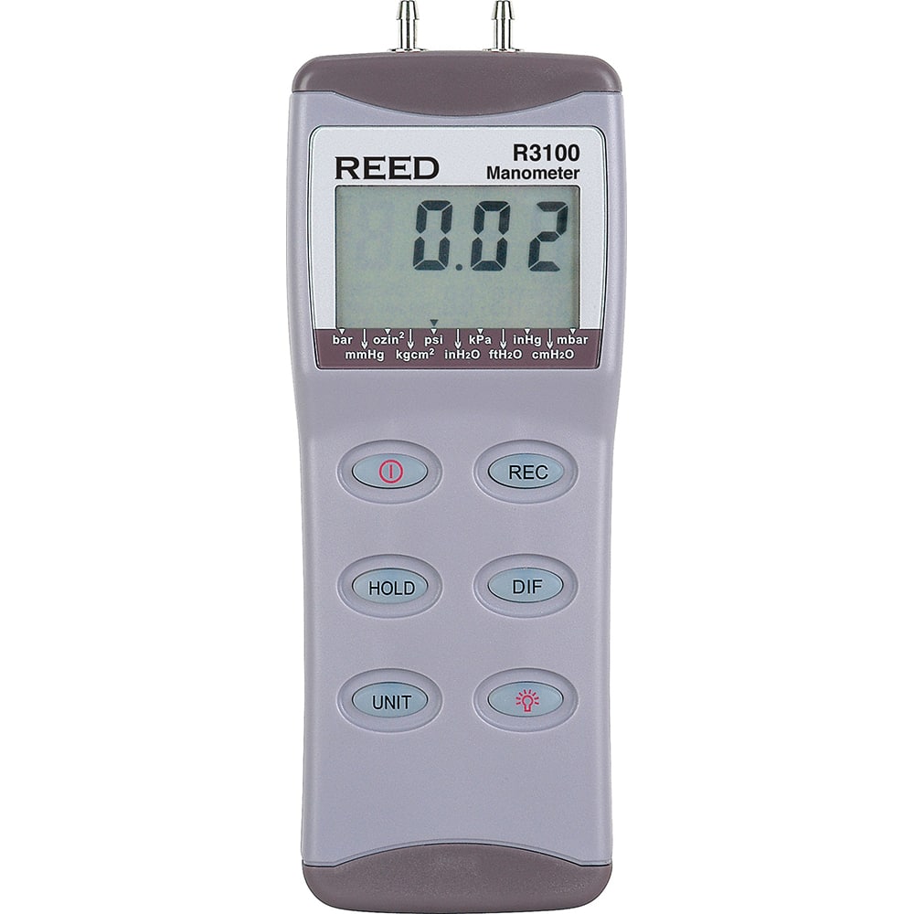 REED Instruments - Differential Pressure Gauges & Switches; Type: Differential Pressure Manometer ; Maximum Pressure (psi): 100.00 ; Accuracy (Percentage): ?0.3% FS ; Maximum Water Column (Decimal Inch): 2768.00 ; Temperature Range: 32 to 122?F - Exact Tooling