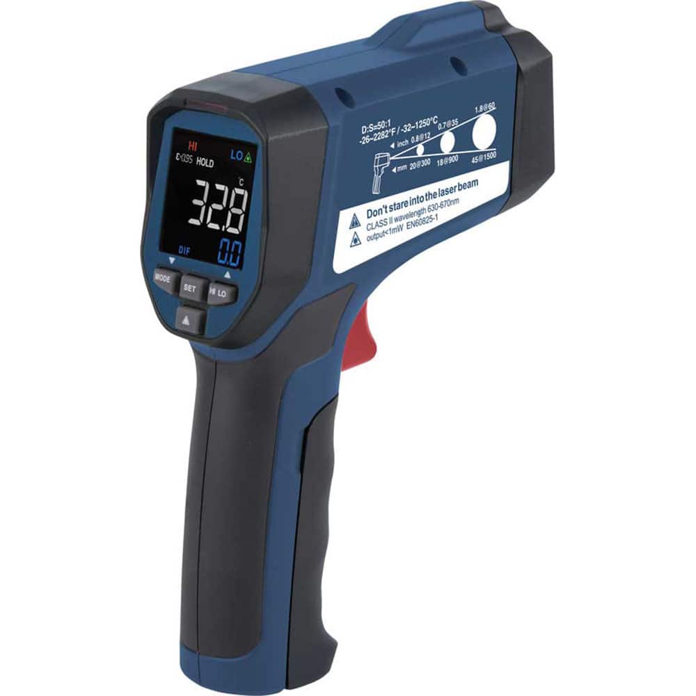 REED Instruments - Infrared Thermometers; Minimum Temperature (C): -32.00 ; Minimum Temperature (F): -26.000 ; Maximum Temperature (C): 1250.00 ; Maximum Temperature (F): 2282.000 ; Distance to Spot Ratio: 50:1 ; Power Supply: (1) 9V Battery - Exact Tooling