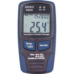 REED Instruments - Thermometer/Hygrometers & Barometers; Type: Temperature/Humidity Recorder ; Minimum Relative Humidity (%): 0 ; Maximum Relative Humidity (%): 100.00 ; Minimum Temperature (C): -40.00 ; Minimum Temperature (F): -40.000 ; Maximum Tempera - Exact Tooling
