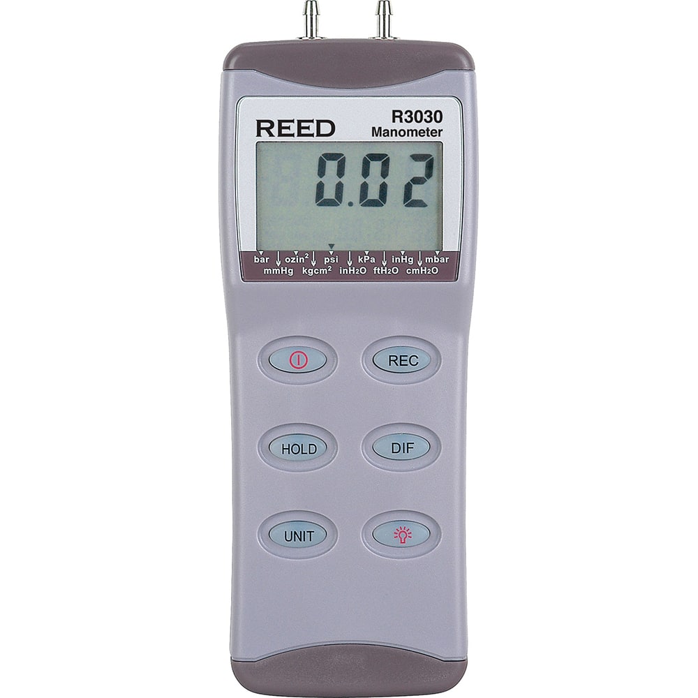REED Instruments - Differential Pressure Gauges & Switches; Type: Differential Pressure Manometer ; Maximum Pressure (psi): 30.00 ; Accuracy (Percentage): ?0.3% FS ; Maximum Water Column (Decimal Inch): 830.40 ; Temperature Range: 32 to 122?F - Exact Tooling