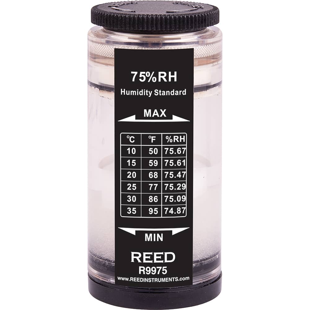 REED Instruments - Thermometer/Hygrometers & Barometers; Type: Humidity Calibration Standard ; Minimum Relative Humidity (%): 75 ; Maximum Relative Humidity (%): 75.67 ; Minimum Temperature (C): 10.00 ; Minimum Temperature (F): 50.000 ; Maximum Temperatu - Exact Tooling