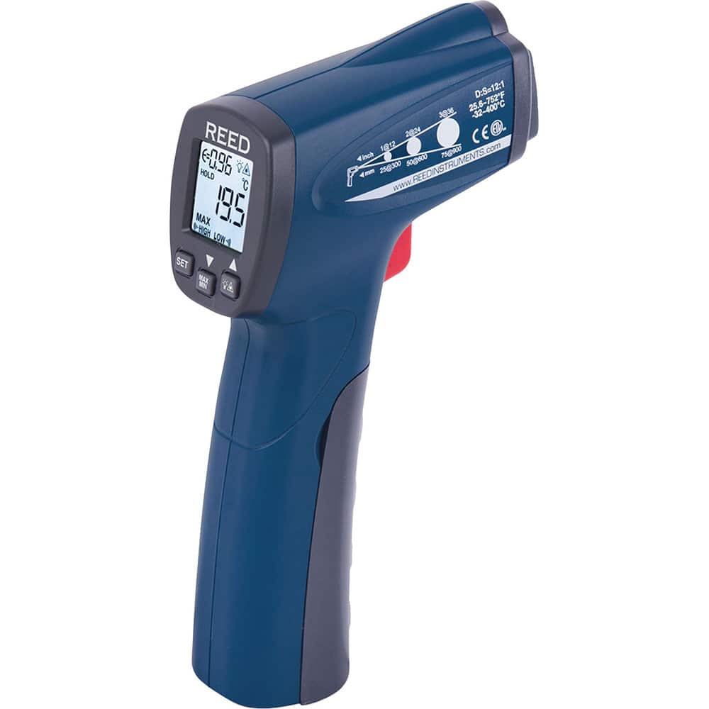 REED Instruments - Infrared Thermometers; Minimum Temperature (C): -32.00 ; Minimum Temperature (F): -25.600 ; Maximum Temperature (C): 400.00 ; Maximum Temperature (F): 752.000 ; Distance to Spot Ratio: 12:1 ; Power Supply: (1) 9V Battery - Exact Tooling