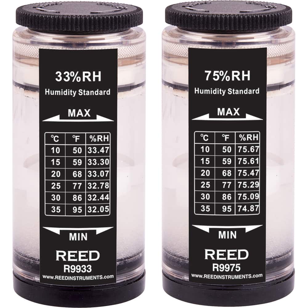 REED Instruments - Thermometer/Hygrometers & Barometers; Type: Humidity Calibration Standard ; Minimum Relative Humidity (%): 32 ; Maximum Relative Humidity (%): 75.67 ; Minimum Temperature (C): 10.00 ; Minimum Temperature (F): 50.000 ; Maximum Temperatu - Exact Tooling