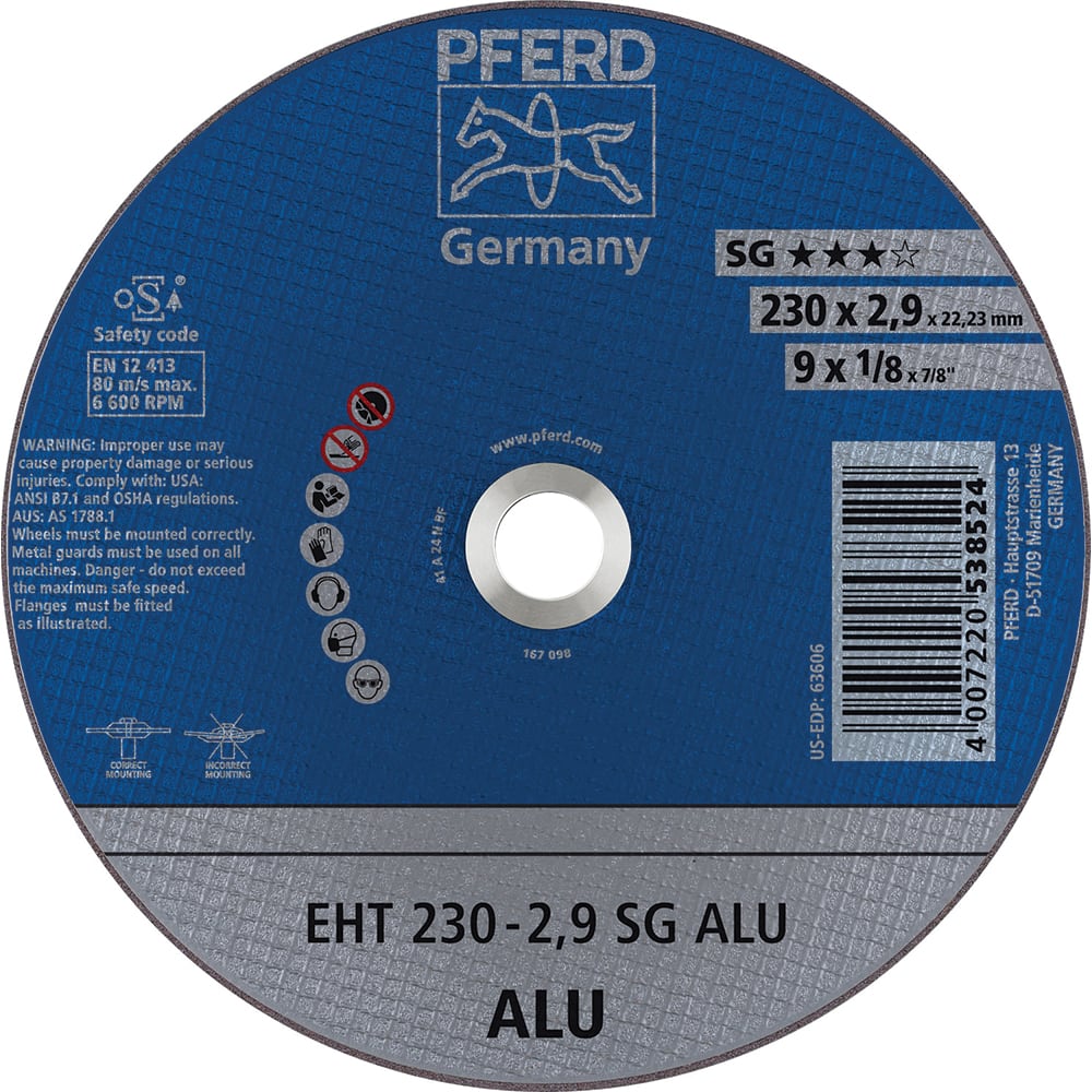 PFERD - Cutoff Wheels; Tool Compatibility: Angle Grinder ; Wheel Diameter (Inch): 9 ; Wheel Thickness (Inch): 1/8 ; Abrasive Material: Aluminum Oxide/Silicon Carbide ; Maximum RPM: 6600.000 ; Grit: 30 - Exact Tooling