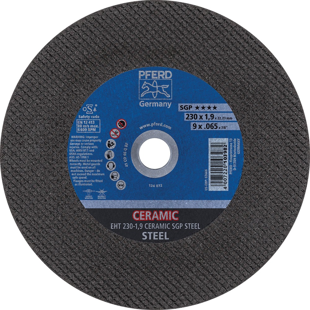 PFERD - Cutoff Wheels; Tool Compatibility: Angle Grinder ; Wheel Diameter (Inch): 9 ; Wheel Thickness (Inch): 0.0650 ; Abrasive Material: Ceramic Oxide ; Maximum RPM: 6600.000 ; Grit: 46 - Exact Tooling