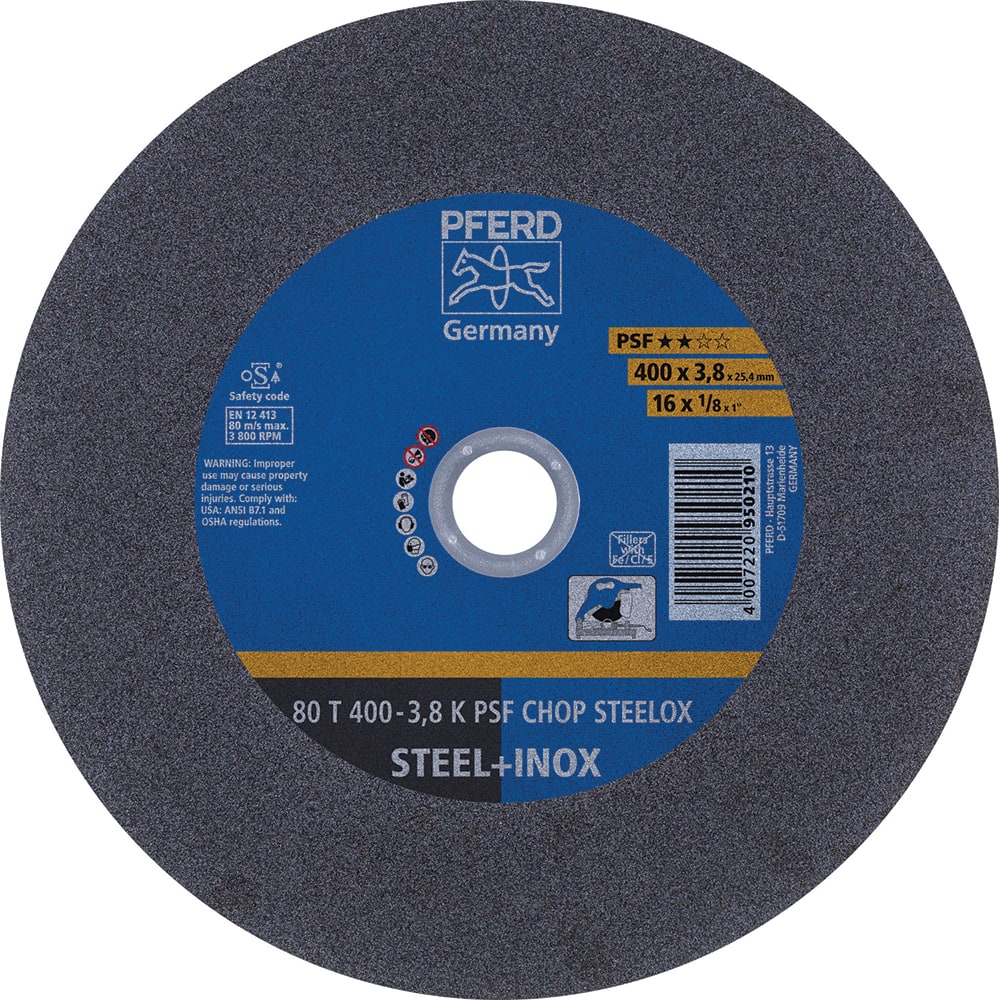 PFERD - Cutoff Wheels; Tool Compatibility: Chop Saw ; Wheel Diameter (Inch): 16 ; Wheel Thickness (Inch): 1/8 ; Abrasive Material: Aluminum Oxide ; Maximum RPM: 3800.000 ; Grit: 36 - Exact Tooling