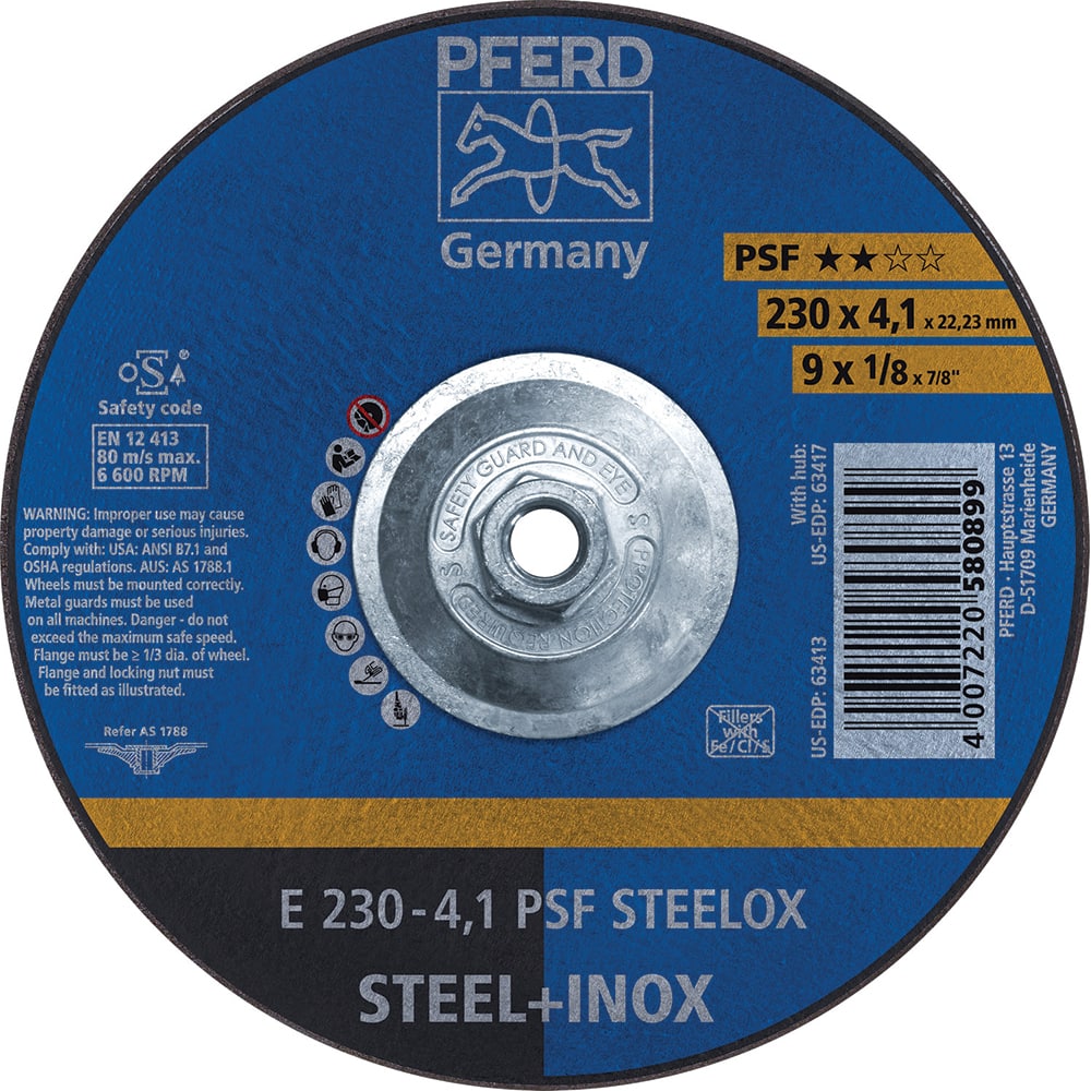 PFERD - Depressed-Center Wheels; Hole Thread Size: 5/8-11 ; Connector Type: Arbor ; Wheel Type Number: Type 27 ; Abrasive Material: Aluminum Oxide ; Maximum RPM: 6600.000 ; Bond Type: Resinoid - Exact Tooling
