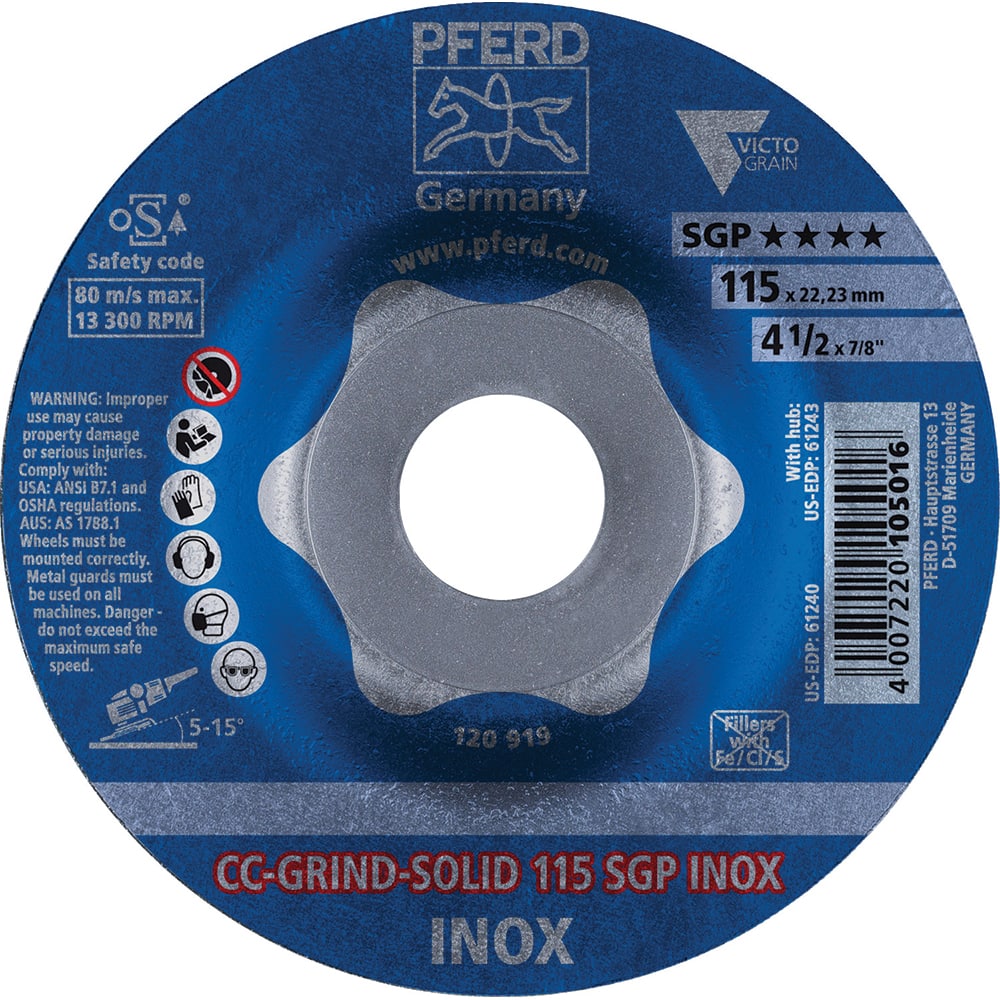 PFERD - Depressed-Center Wheels; Hole Size (Inch): 7/8 ; Connector Type: Arbor ; Wheel Type Number: Type 1 ; Abrasive Material: Steel ; Maximum RPM: 13300.000 ; Tool Compatibility: Angle Grinders - Exact Tooling