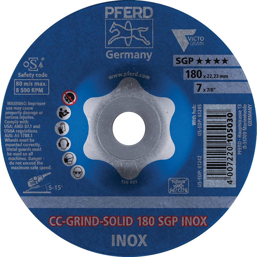 PFERD - Depressed-Center Wheels; Hole Size (Inch): 7/8 ; Connector Type: Arbor ; Wheel Type Number: Type 1 ; Abrasive Material: Ceramic Oxide; Aluminum Oxide ; Maximum RPM: 8500.000 ; Tool Compatibility: Angle Grinders - Exact Tooling