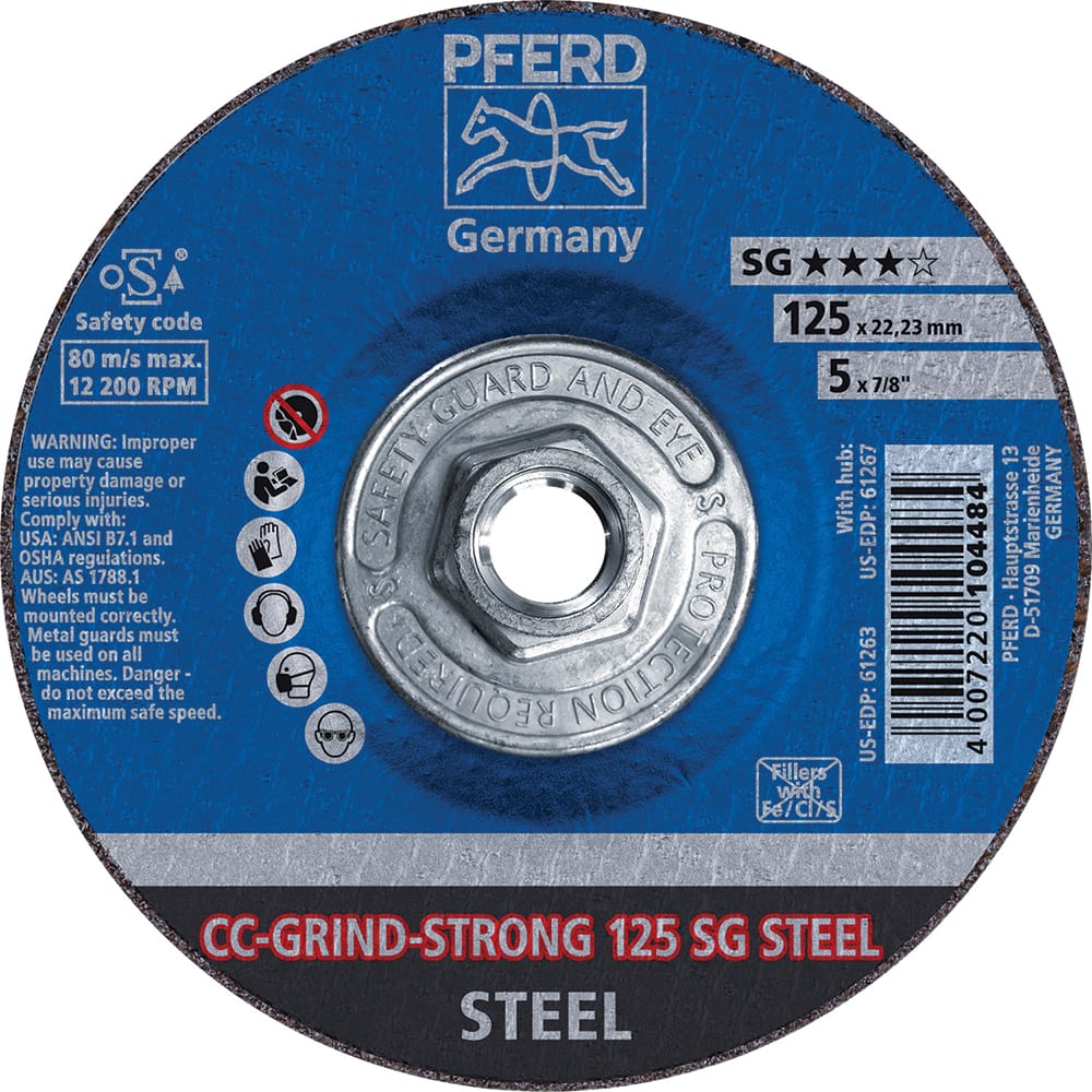 PFERD - Depressed-Center Wheels; Hole Thread Size: 5/8-11 ; Connector Type: Arbor ; Wheel Type Number: Type 1 ; Abrasive Material: Steel ; Maximum RPM: 12200.000 ; Bond Type: Resinoid - Exact Tooling