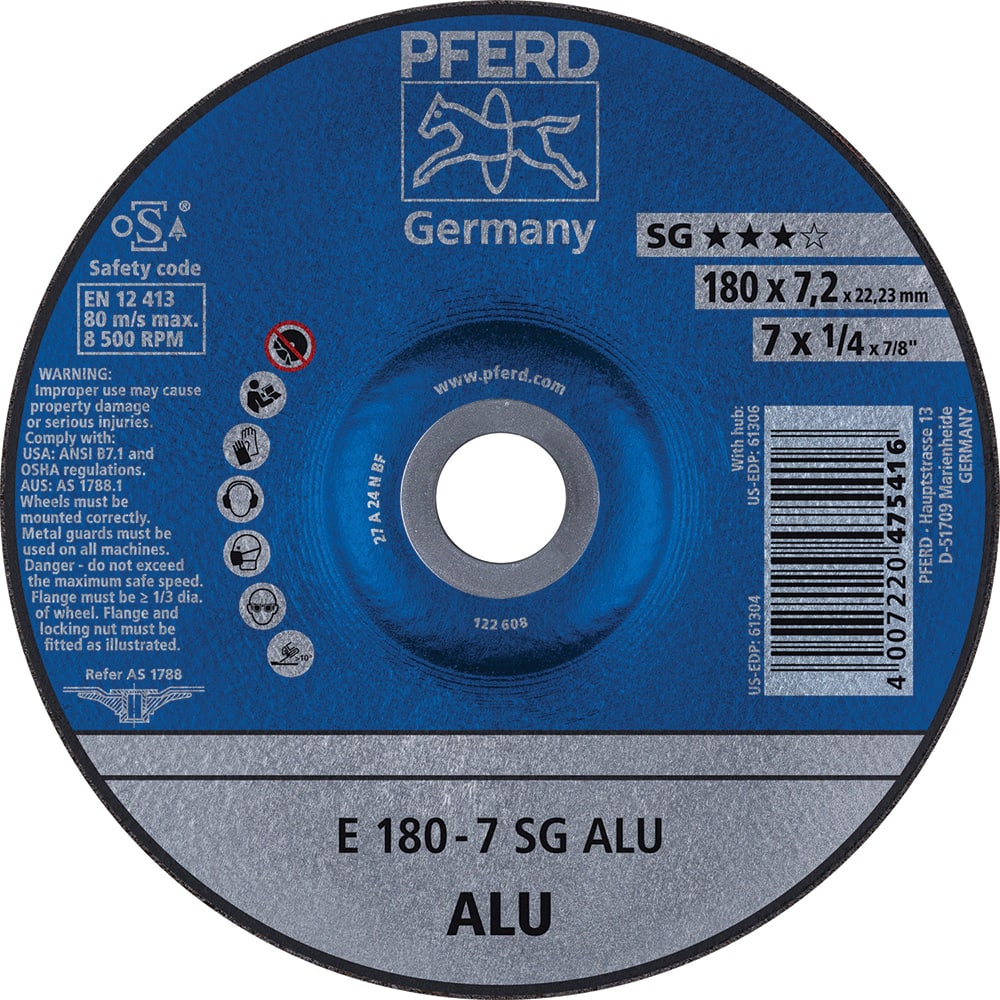 PFERD - Depressed-Center Wheels; Hole Size (Inch): 7/8 ; Connector Type: Arbor ; Wheel Type Number: Type 27 ; Abrasive Material: Aluminum Oxide/Silicon Carbide ; Maximum RPM: 8500.000 ; Bond Type: Resinoid - Exact Tooling