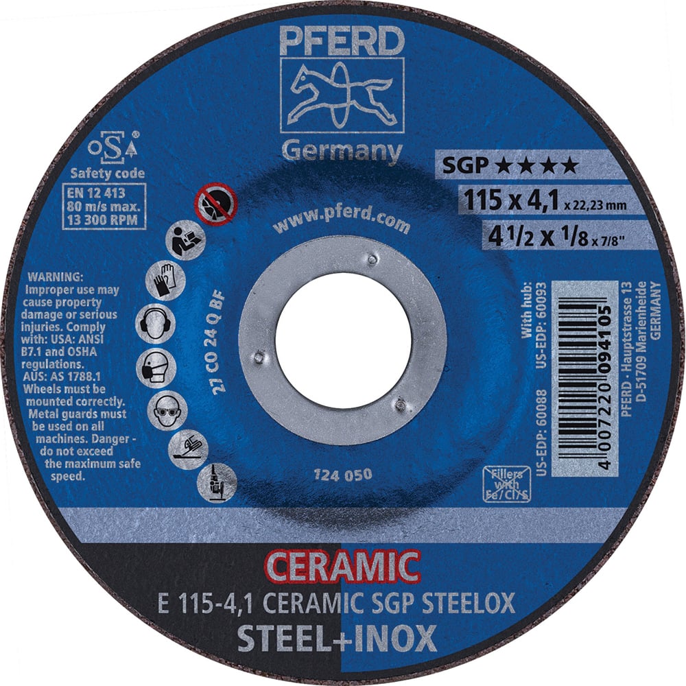 PFERD - Depressed-Center Wheels; Hole Size (Inch): 7/8 ; Connector Type: Arbor ; Wheel Type Number: Type 27 ; Abrasive Material: Ceramic Oxide ; Maximum RPM: 13300.000 ; Grit: 24 - Exact Tooling