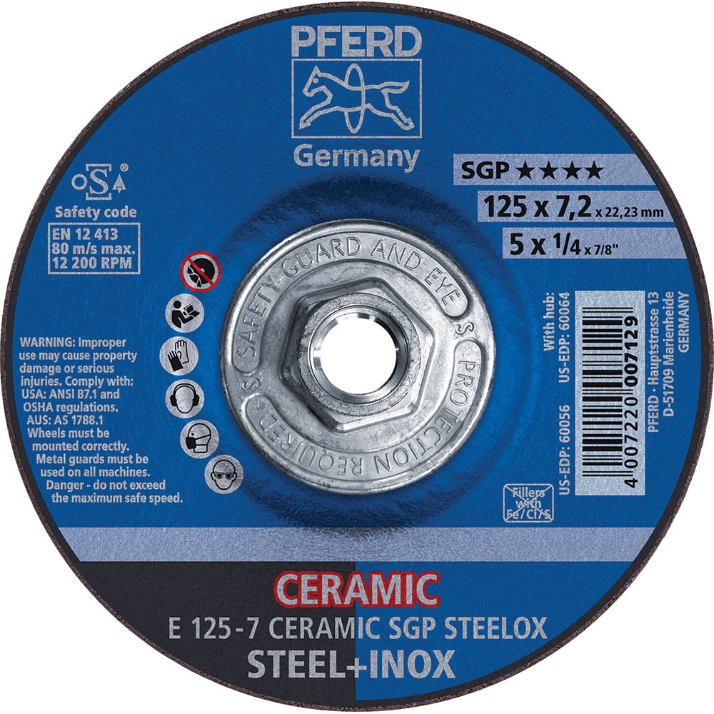 PFERD - Depressed-Center Wheels; Hole Thread Size: 5/8-11 ; Connector Type: Arbor ; Wheel Type Number: Type 27 ; Abrasive Material: Ceramic Oxide ; Maximum RPM: 12200.000 ; Grit: 24 - Exact Tooling