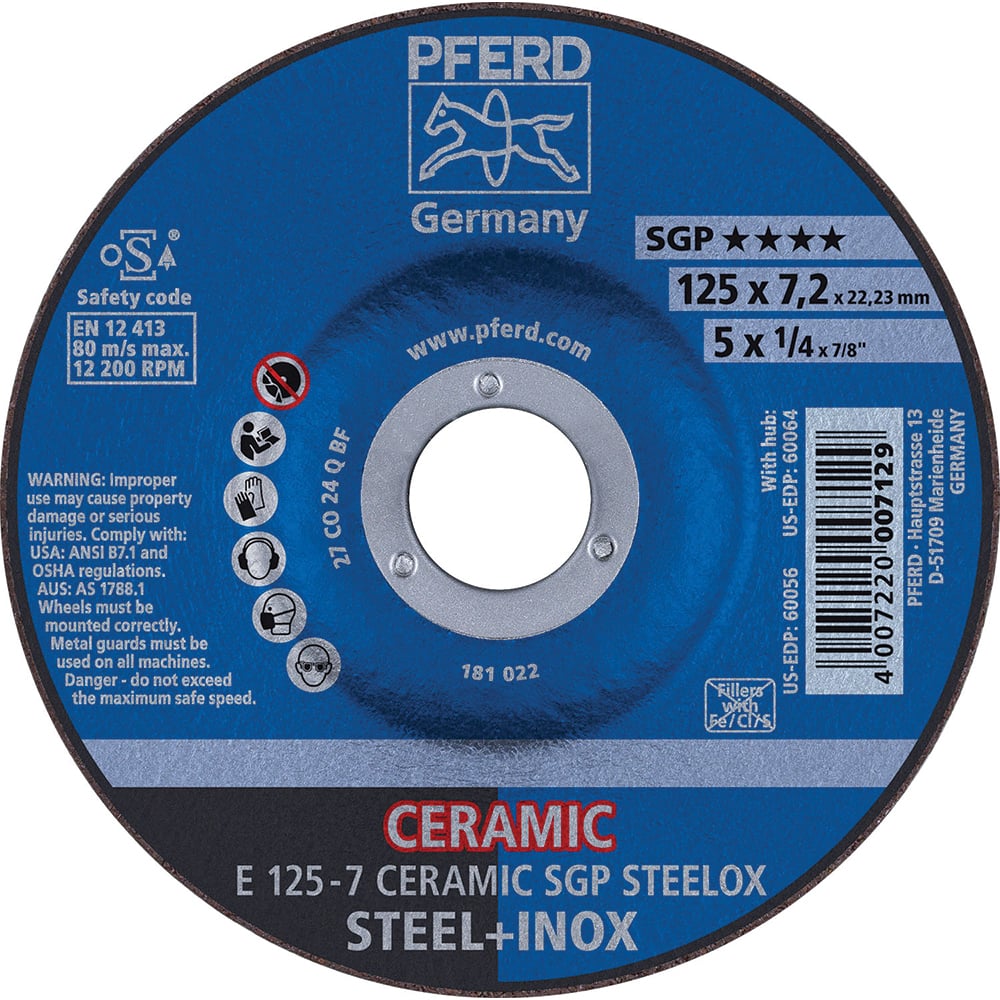 PFERD - Depressed-Center Wheels; Hole Size (Inch): 7/8 ; Connector Type: Arbor ; Wheel Type Number: Type 27 ; Abrasive Material: Ceramic Oxide ; Maximum RPM: 12200.000 ; Grit: 24 - Exact Tooling